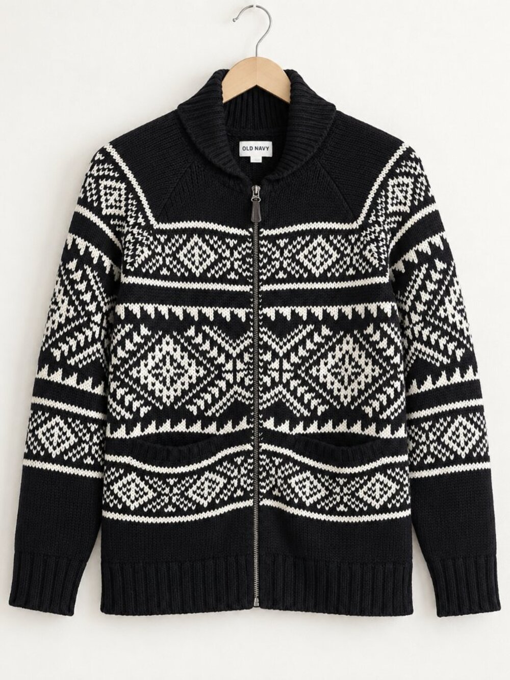 Fair Isle Zip-Front Cardigan Sweater Men’s XL and XXL Black White
